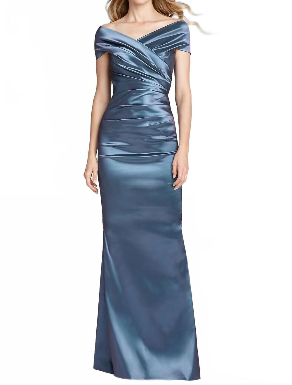 NEW TERI JON off the shoulder stretch portrait gown in sapphire